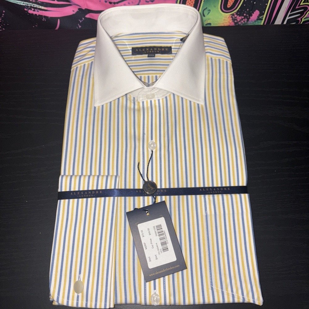 Alexandre London Men's Yellow White And‎ Blue Striped Dress Shirt 15.5